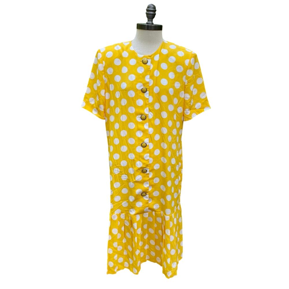 Vintage Drop Waist Yellow polka Dot Dress Leslie Fay Size 16 Modern L